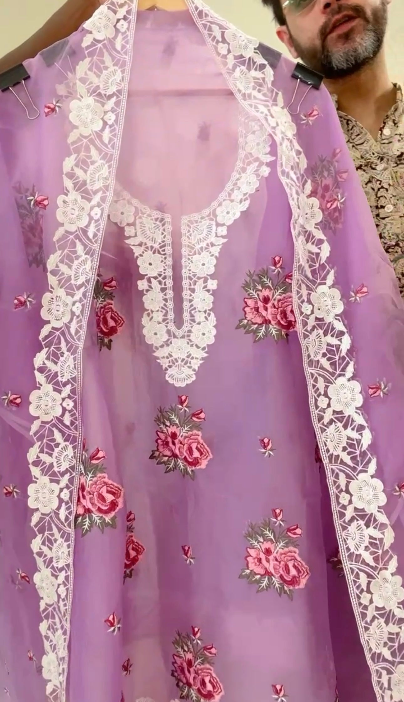 SHEER LUXURY Pure Silk Organza French Thread with Pardi Gara Embroidery SUIT SHEER008  Labender Color