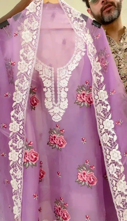 SHEER LUXURY Pure Silk Organza French Thread with Pardi Gara Embroidery SUIT SHEER008  Labender Color