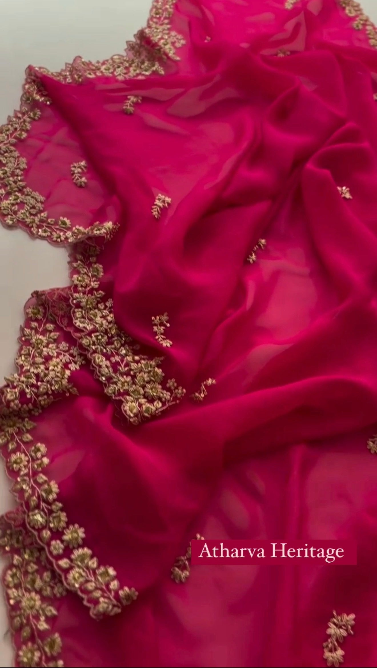 Atharva Heritage Fuchsia Pink Luxury Sheer Saree with Intricate Gold Floral Embroidery AH1813HZS