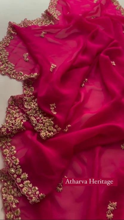 Atharva Heritage Fuchsia Pink Luxury Sheer Saree with Intricate Gold Floral Embroidery AH1813HZS