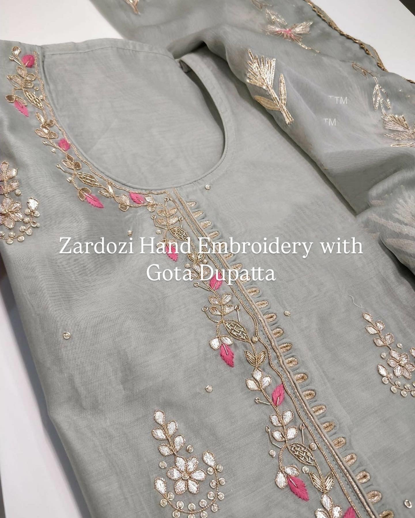 ATHARVA Hand Embroidery Salwar Kameez /Chiffon Dupatta With Stunning Gota & Trim/Custom Stitch Unstitch/Gift/Patiala/Anarkali/Churridar/CH17316 Grey