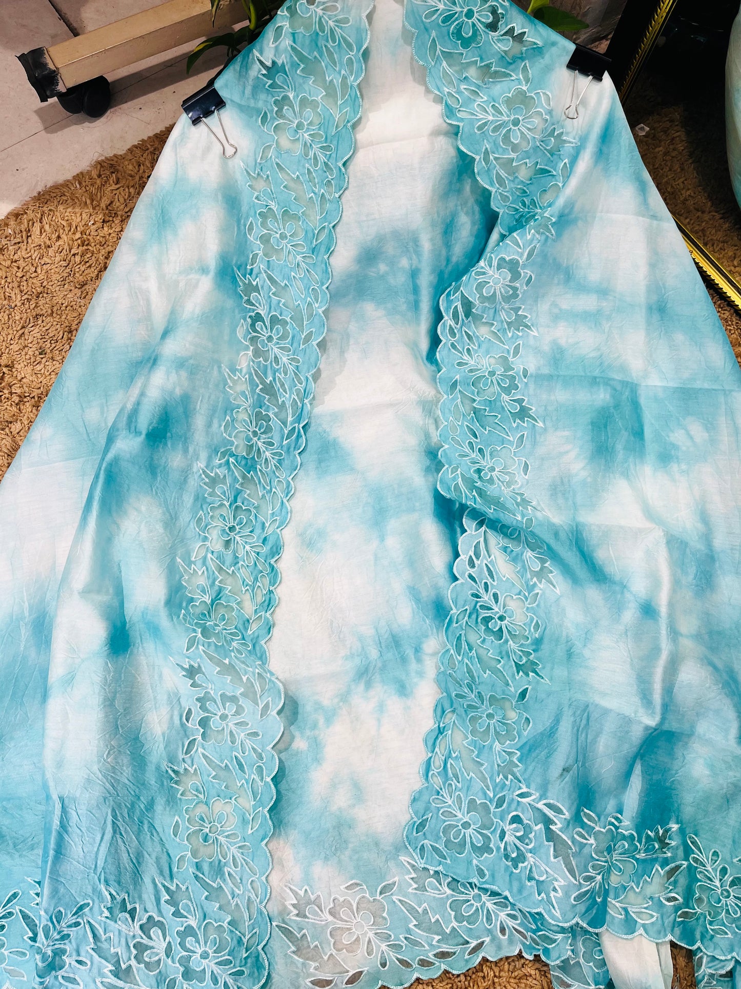 ATHARVA Hand Applique /Cutwork  Embroidery Salwar Kameez/pure Chanderi Silk Ombre  Shirt & Dupatta/Santoon Bottom/Custom Stitch Unstitch/Plazo/Pant/ CUT8065 Blue