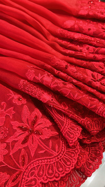 Atharva Heritage Red Kerwachauth Saree in Pure Silk Organza with French Thread Monochrome Embroidery