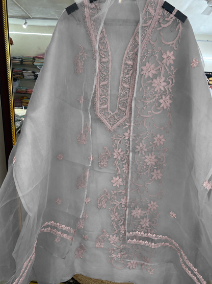 Atharva Heritage Sheer Luxury “Handcrafted 2-Taar Shadow Lucknowi Embroidered Suit – Pure Silk Organza | Limited Edition AH-1813-3198