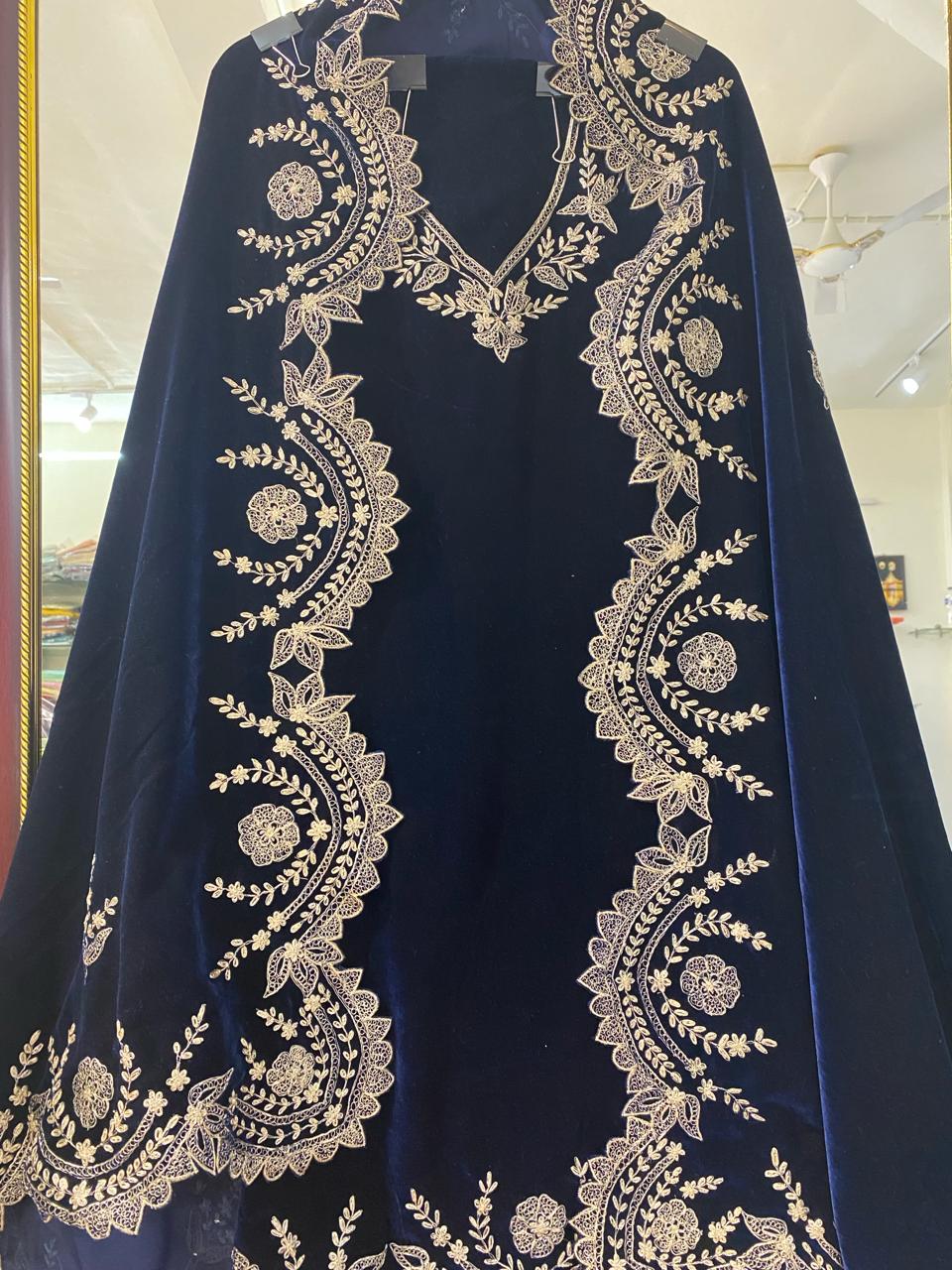 Atharva Heritage Royal Blue Silk Velvet Suit Set with Pita Tilla Embroidery | Unstitched Luxury Maharani Ensemble