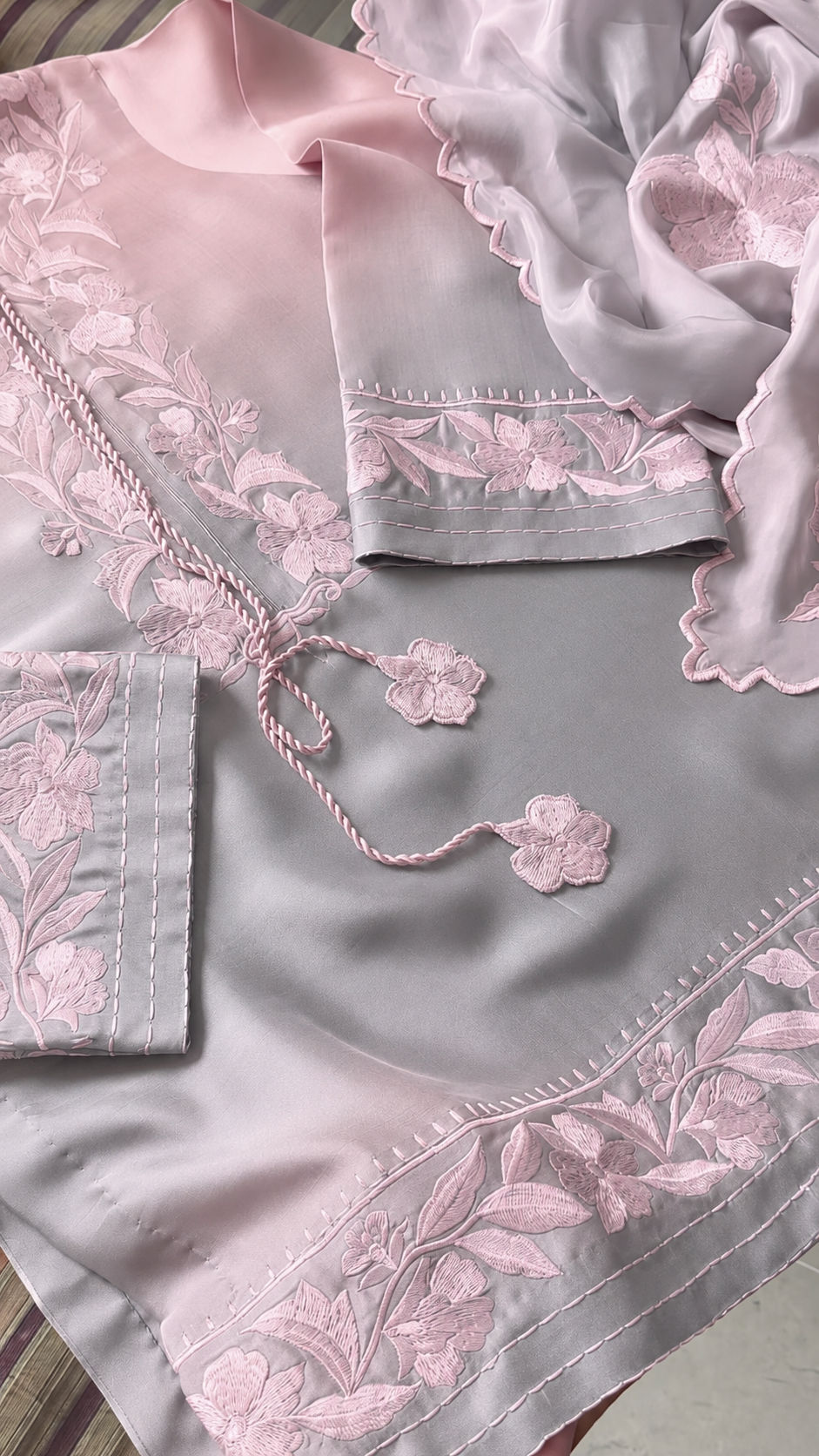 Atharva Heritage Pure Satin Silk Ombre Grey N Pink Farsi Salwar Set with Organza Dupatta AH18133191