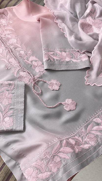 Atharva Heritage Pure Satin Silk Ombre Grey N Pink Farsi Salwar Set with Organza Dupatta AH18133191