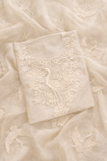 Atharva Heritage Sheer Luxury Pure Silk Organza Parsi Embroidered Monochrome Trousseau Collection unstitched Suit AH1318MB76