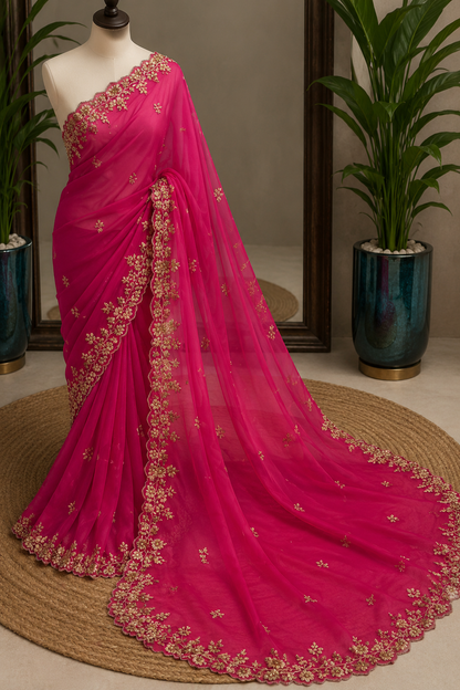 Atharva Heritage Fuchsia Pink Luxury Sheer Saree with Intricate Gold Floral Embroidery AH1813HZS