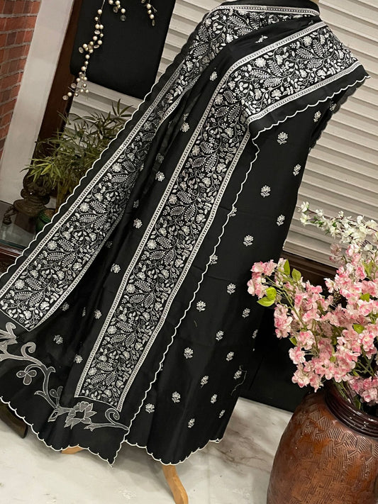 PURE CHANDER SILK  PARSI GARA SUIT with Cutwork on width CH5417 Black and white