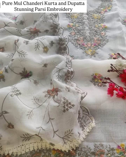 PURE MUL CHANDERI  kurta AND Dupatta PARSI GARA with STUNNING ZARI DETAILING UNSTITCHED SUIT CH54235 Ivory