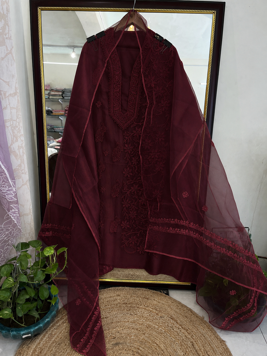 Atharva Heritage Sheer Luxury “Handcrafted 2-Taar Shadow Lucknowi Embroidered Suit – Pure Silk Organza | Limited Edition AH-1813-3198