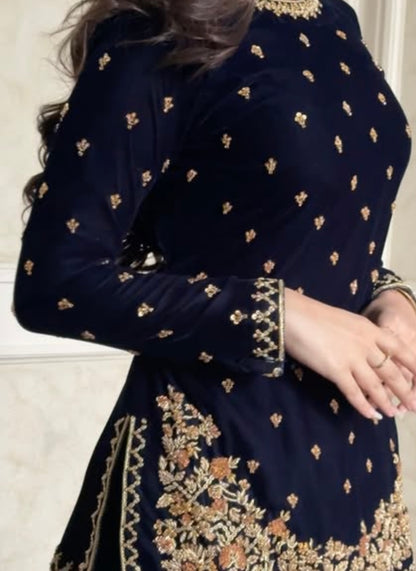 Atharva Heritage Royal Blue Pure Silk Velvet Garara Set with Hanzardozi Embroidery 181331921