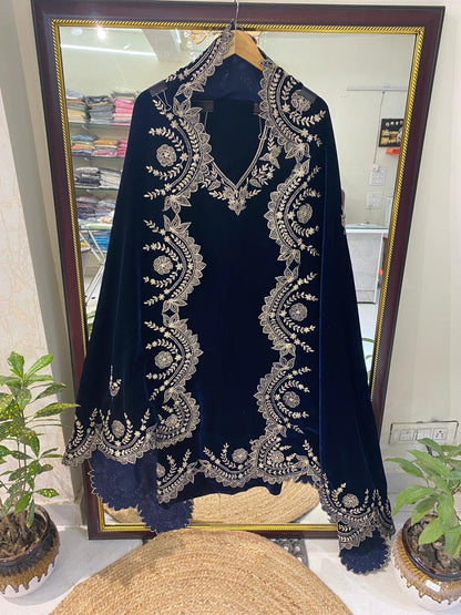 Atharva Heritage Royal Blue Silk Velvet Suit Set with Pita Tilla Embroidery | Unstitched Luxury Maharani Ensemble