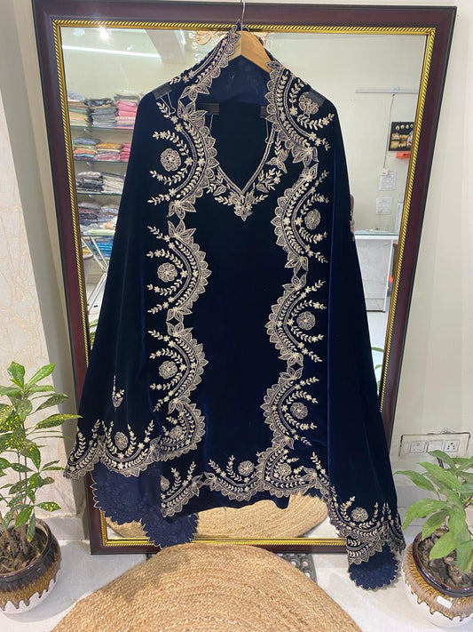 Atharva Heritage Royal Blue Silk Velvet Suit Set with Pita Tilla Embroidery | Unstitched Luxury Maharani Ensemble