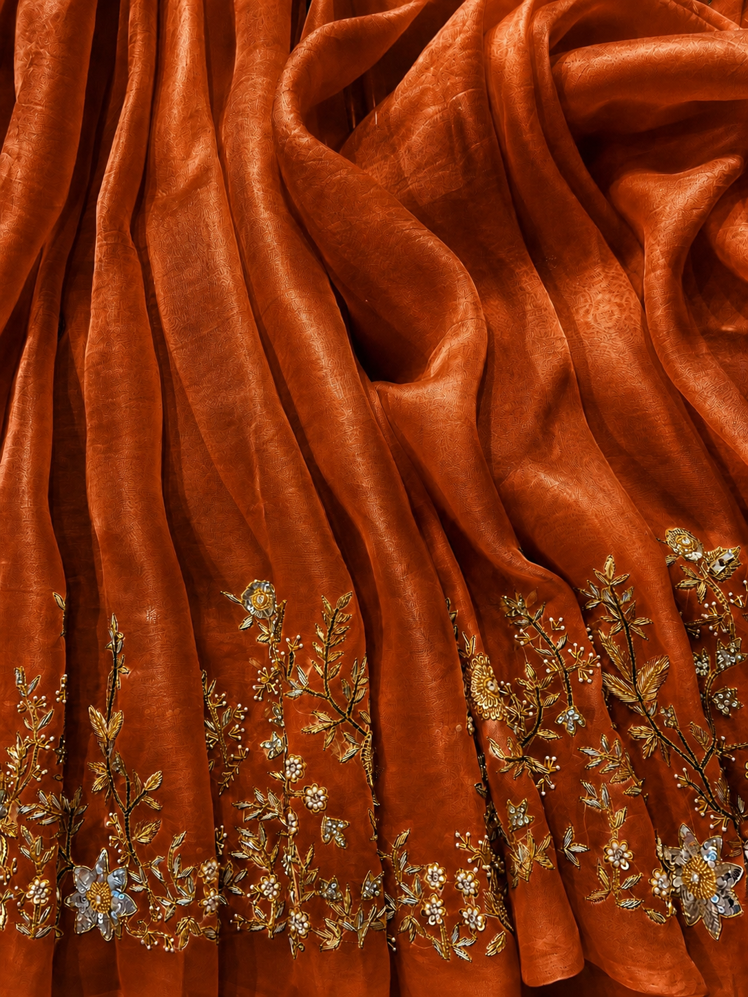Atharva Heritage Burnt Orange Pure Silk Organza Saree – Trousseau Collection | 400+ Hours Hand-Embroidered Luxury RLS178