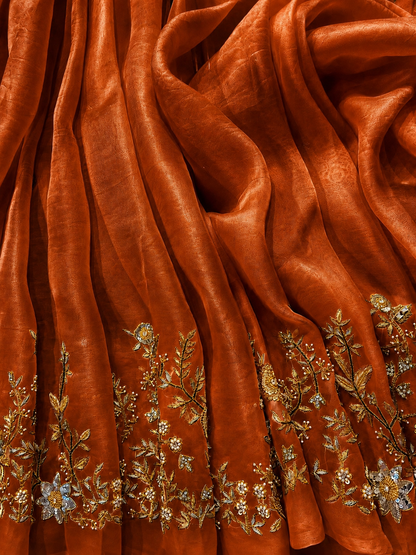 Atharva Heritage Burnt Orange Pure Silk Organza Saree – Trousseau Collection | 400+ Hours Hand-Embroidered Luxury RLS178
