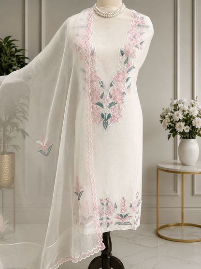 Atharva Heritage Pearl White Pure Chanderi Silk Pakistani Suit with Organza Dupatta CHO0025
