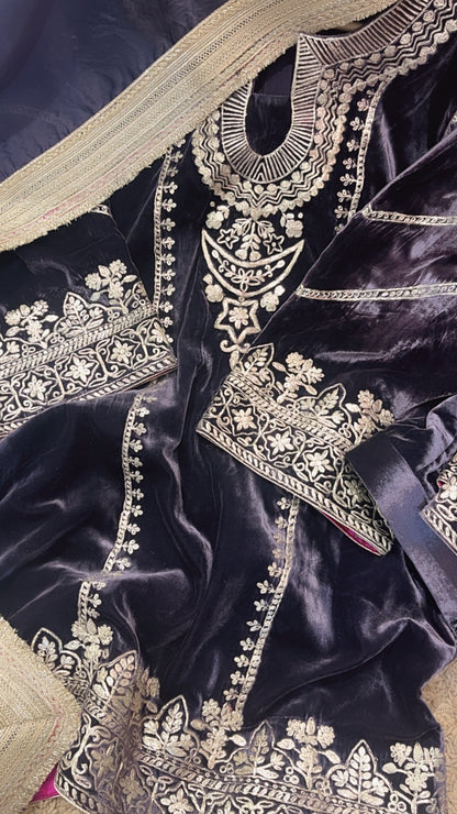 Atharva Heritage Pure Silk Velvet Violet Color Pakistani Co-ord Set with All-Over Pita Embroidery & Organza Dupatta AH181331345