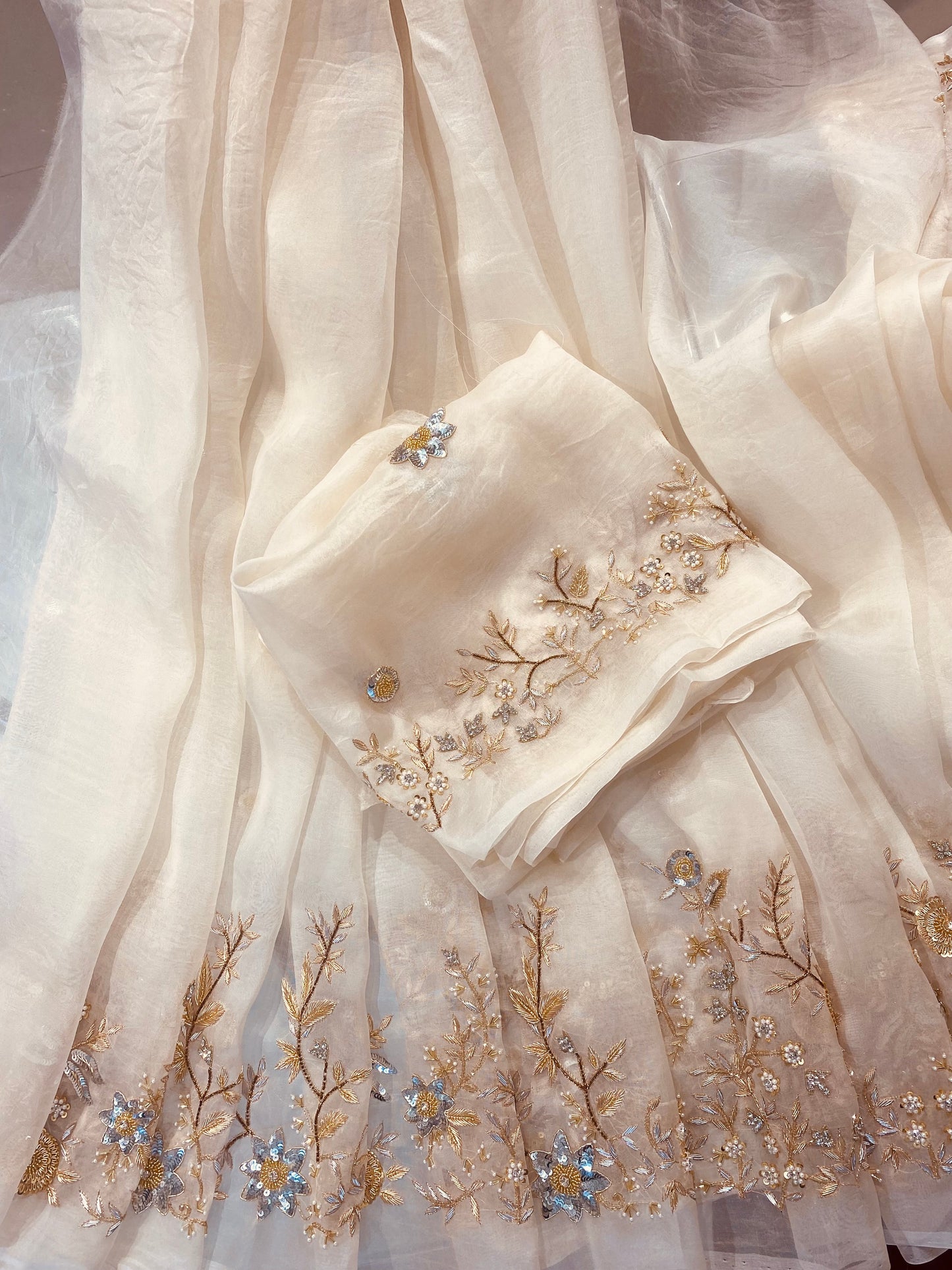 Atharva Heritage Ivory Pure Silk Organza Saree – Trousseau Collection | 400+ Hours Hand-Embroidered Luxury RLS178