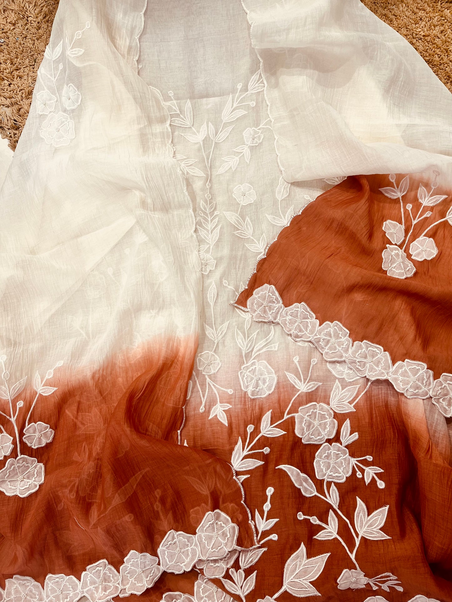 ATHARVA Hand Applique /Cutwork  Embroidery Salwar Kameez/pure Chanderi Silk Shirt & Dupatta/Santoon Bottom/Custom Stitch Unstitch/Plazo/Pant/ CUT8068 Ivory And Water Gold