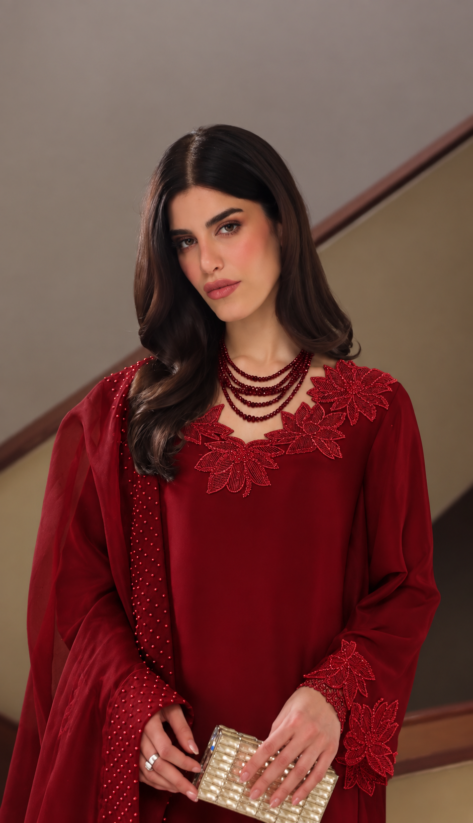 Atharva Heritage – Hand-Embroidered Pure Silk Farshi Salwar 3 Pc Pakistani Coord set  with Pearl & Katdana Detailing AHSS1561