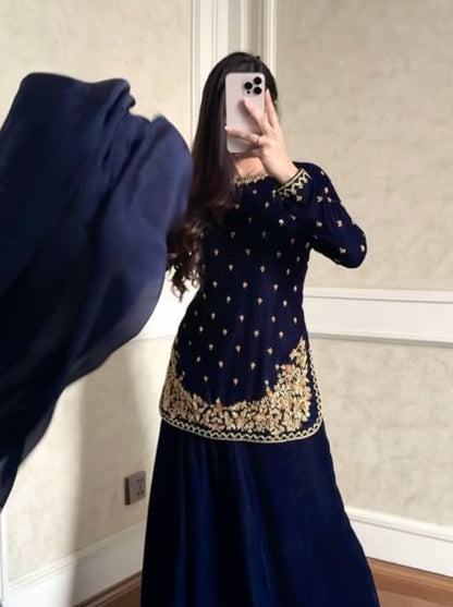 Atharva Heritage Royal Blue Pure Silk Velvet Garara Set with Hanzardozi Embroidery 181331921