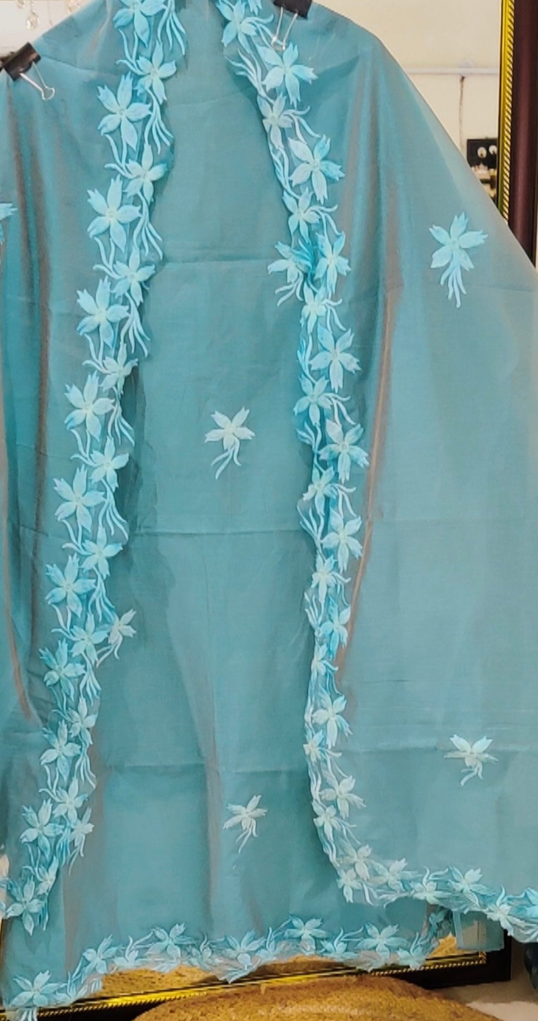ATHARVA Hand Embroidery Salwar Kameez/Chanderi Appliqué Work Shirt & Dupatta/Santoon Bottom/Custom Stitch Unstitch/Plazo/Pant/Grey Blue CUT8030GB