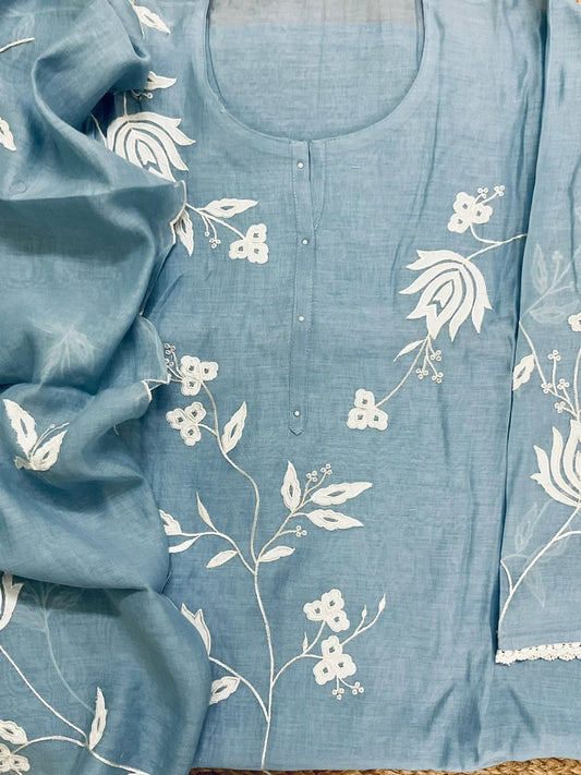 Atharva Heritage/Pure Mul Chanderi Shirt & Dupatta/ Hand Applique /Cotton Silk  Bottom/CUT80375 English Blue