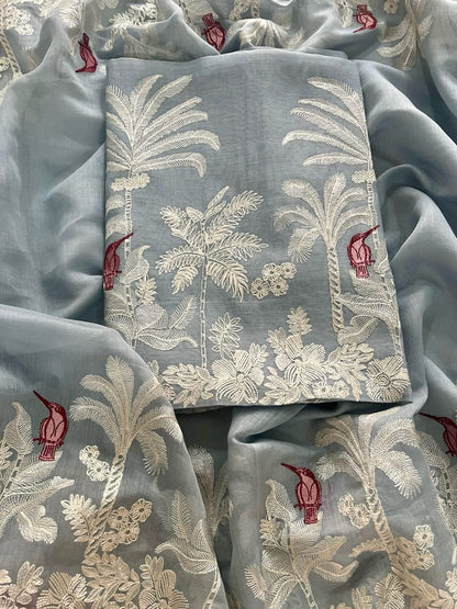 ATHARVA HERITAGE PURE CHANDERI  SILK 70 GRAMS PAKISTANI SUIT FRENCH THREAD EMBROIDERED CHO0078 English Blue