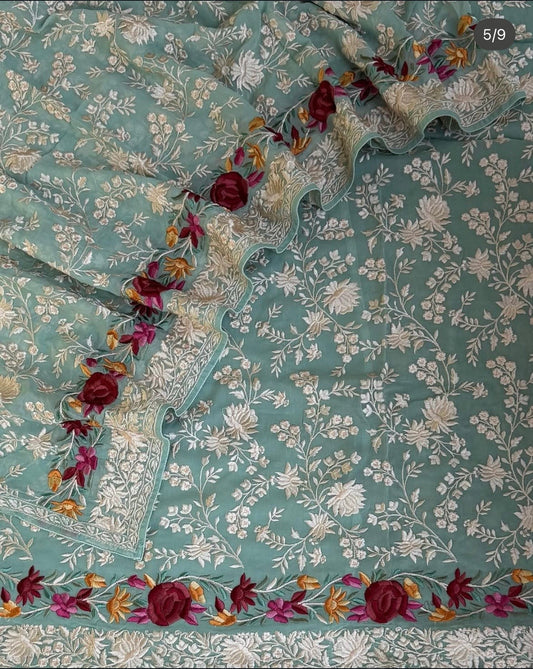 ATHARVA HERITAGE Pure Georgette 80 Grams PARSI GARA SUIT Front and back AH1813GP