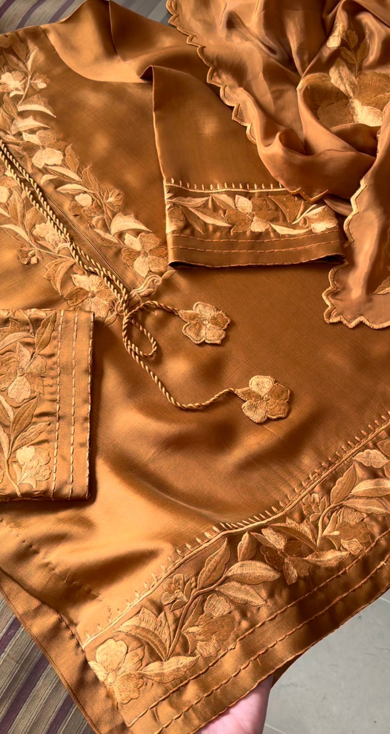 Atharva Heritage Pure Satin Silk Champagne Gold Farsi Salwar Set with Organza Dupatta AH18133191