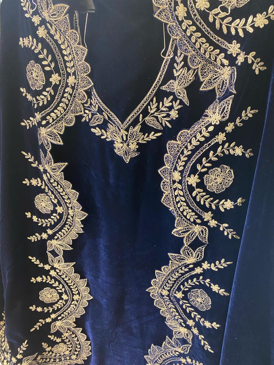 Atharva Heritage Royal Blue Silk Velvet Suit Set with Pita Tilla Embroidery | Unstitched Luxury Maharani Ensemble