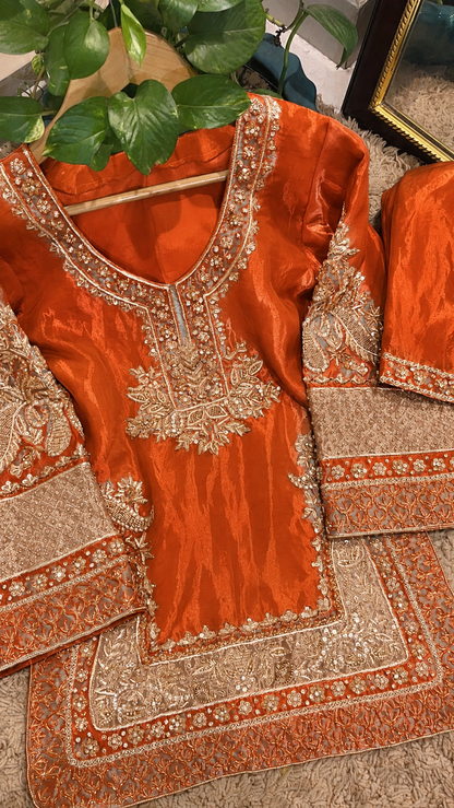 Atharva Heritage ✨Kerwachauth Special  – Pure SATIN organza 80 Grams Zardozi Ensemble Front Embroidery 3 Pc  ✨ PTSTHZ567