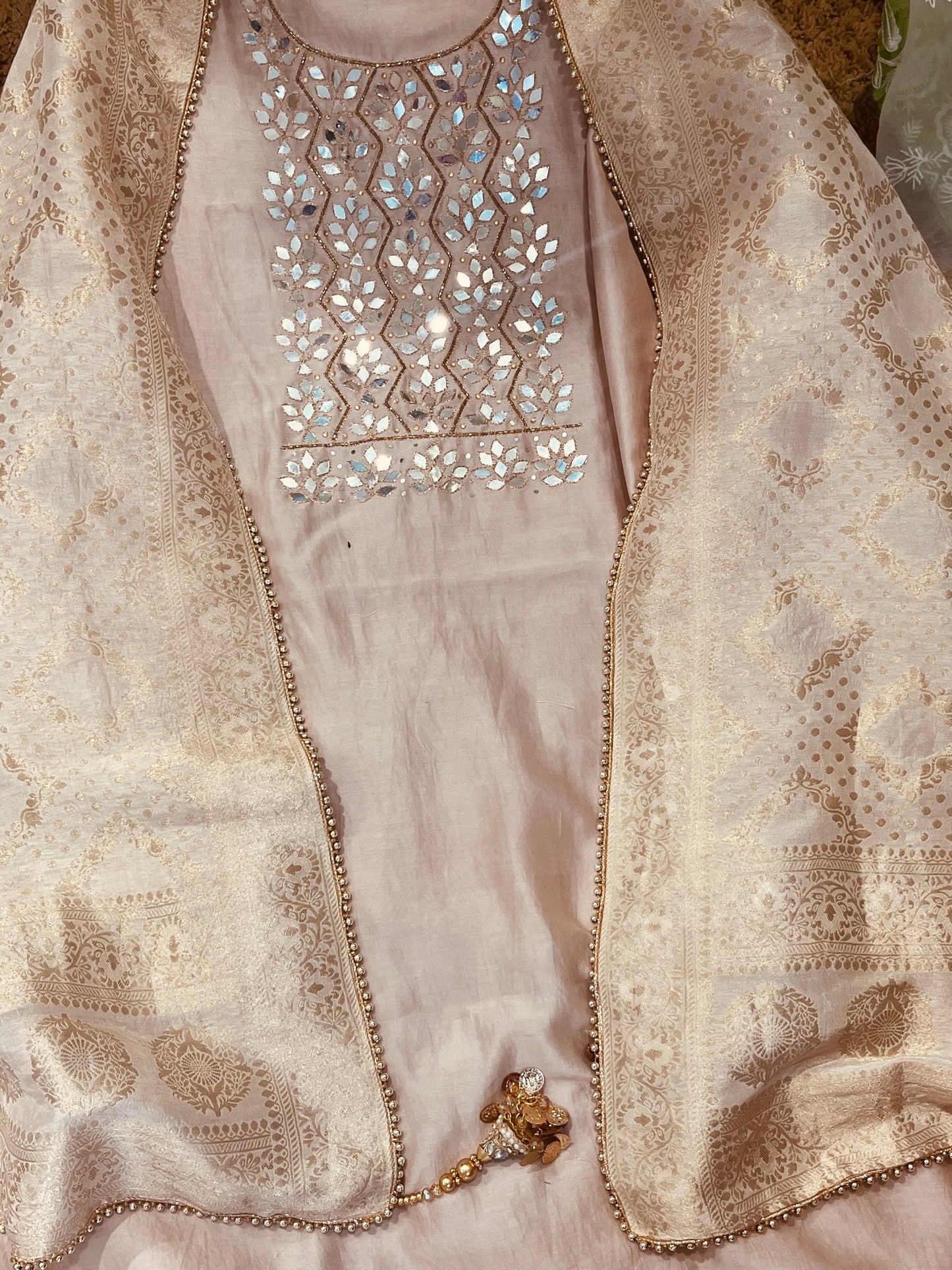 ATHARVA  Hand Embroidered Salwar Kameez w/ Embroidered Neck Beige/Banarsi Silk Dupatta/Bridal/Wedding/Custom Stitch/ CH1295