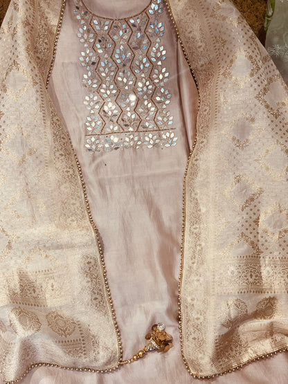 ATHARVA  Hand Embroidered Salwar Kameez w/ Embroidered Neck Beige/Banarsi Silk Dupatta/Bridal/Wedding/Custom Stitch/ CH1295