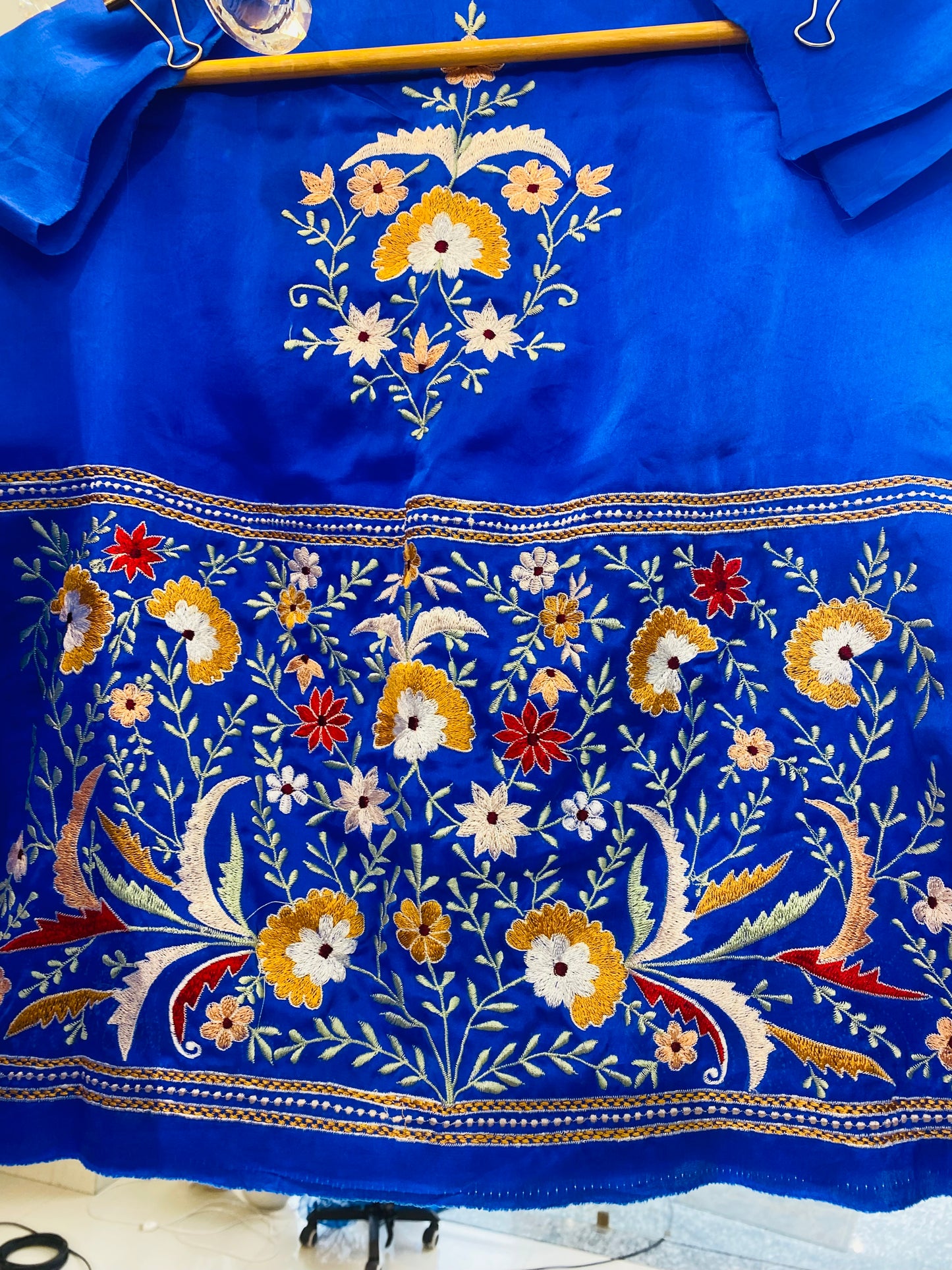 Sheer Luxury Pure Silk 80 Grams Kashmiri Embroidered Pakistani unstitched Kurta With Bottom  SLP0011 Royal Blue