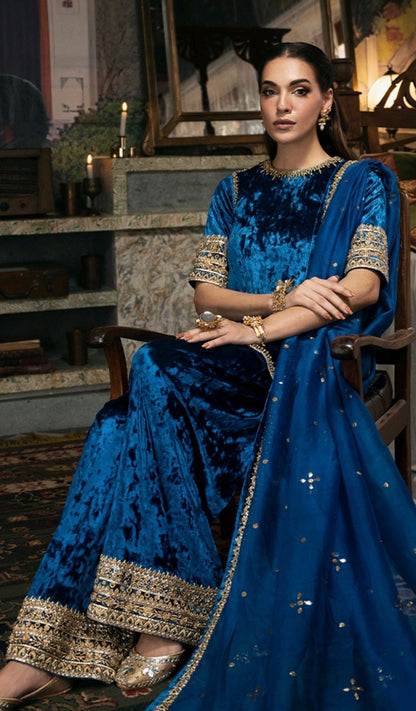 Atharva Heritage Rich Blue Pure Silk Velvet Zardozi Suit with Loose Plazo & Mukesh Kandhani Dupatta SVBMKZ1667