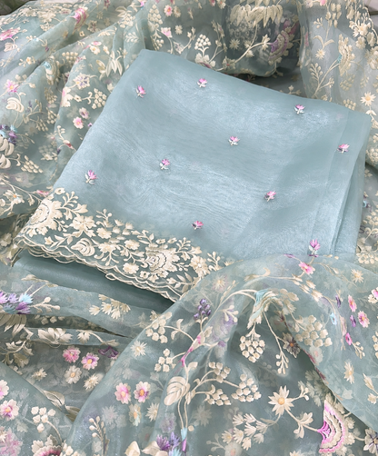 Atharva Heritage Sheer Luxury /Pure Silk Organza PARSI GARA Front and back SUIT Powder Blue SLO651