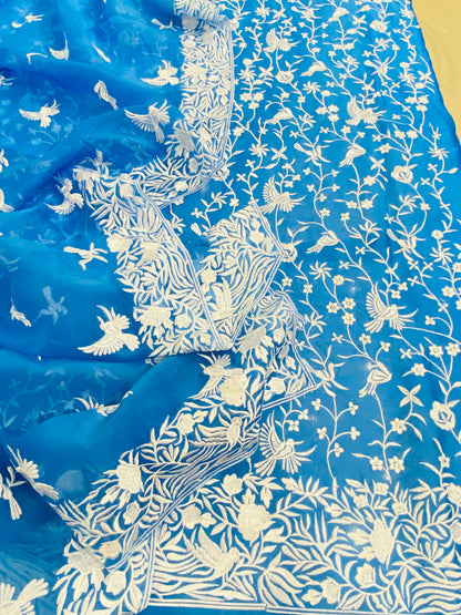 PURE MUL CHANDERI SILK  PARSI GARA SUIT MCH0015 (C) Blue