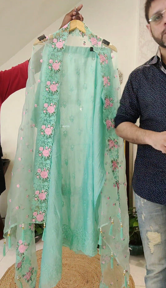 PURE MUL CHANDERI AND ORGANZA EDITS LC1701 SEA GREEN