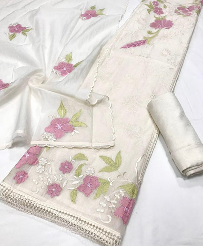 Atharva Heritage/Pure Mul Chanderi Shirt & Dupatta/ Hand Applique with Thread Embroidery/Cotton Silk  Bottom/CUT80377
