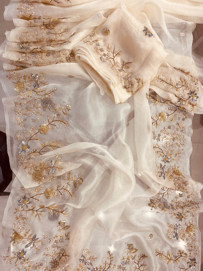 Atharva Heritage Ivory Pure Silk Organza Saree – Trousseau Collection | 400+ Hours Hand-Embroidered Luxury RLS178