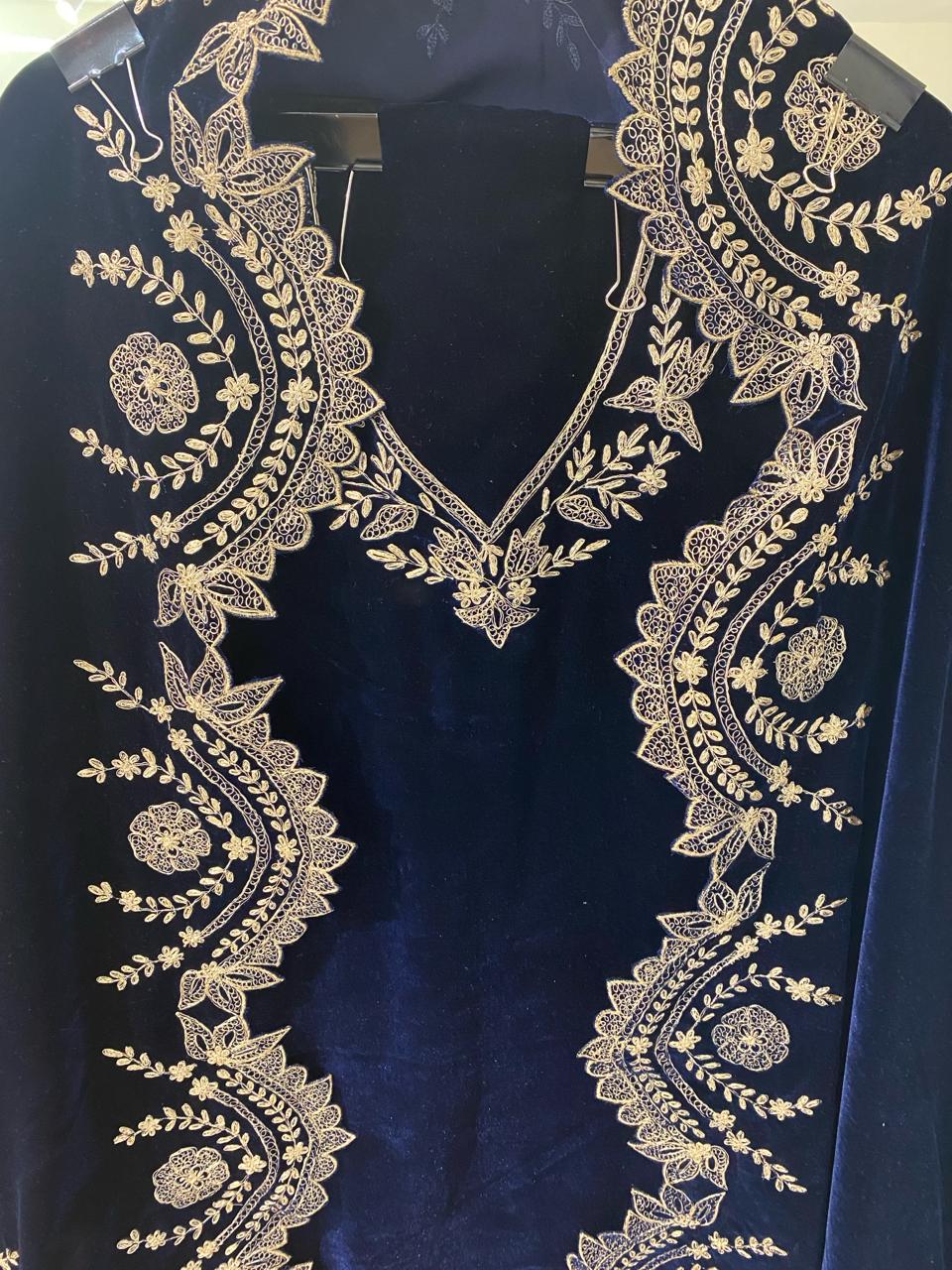 Atharva Heritage Royal Blue Silk Velvet Suit Set with Pita Tilla Embroidery | Unstitched Luxury Maharani Ensemble