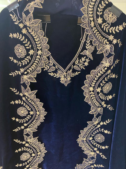 Atharva Heritage Royal Blue Silk Velvet Suit Set with Pita Tilla Embroidery | Unstitched Luxury Maharani Ensemble