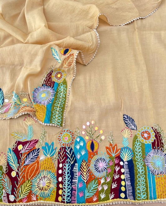 ATHARVA Hand Applique /Cutwork  Embroidery Salwar Kameez/pure Mul Chanderi  Shirt & Dupatta/Santoon Bottom/Custom Stitch Unstitch/Plazo/Pant/ CUT8068
