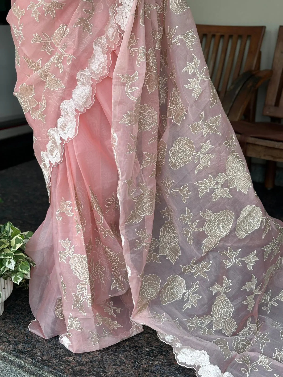 Atharva Heritage Sheer Luxury Pure Silk Organza Hand Applique With Pure Crush Tissue Saree SLHACT176