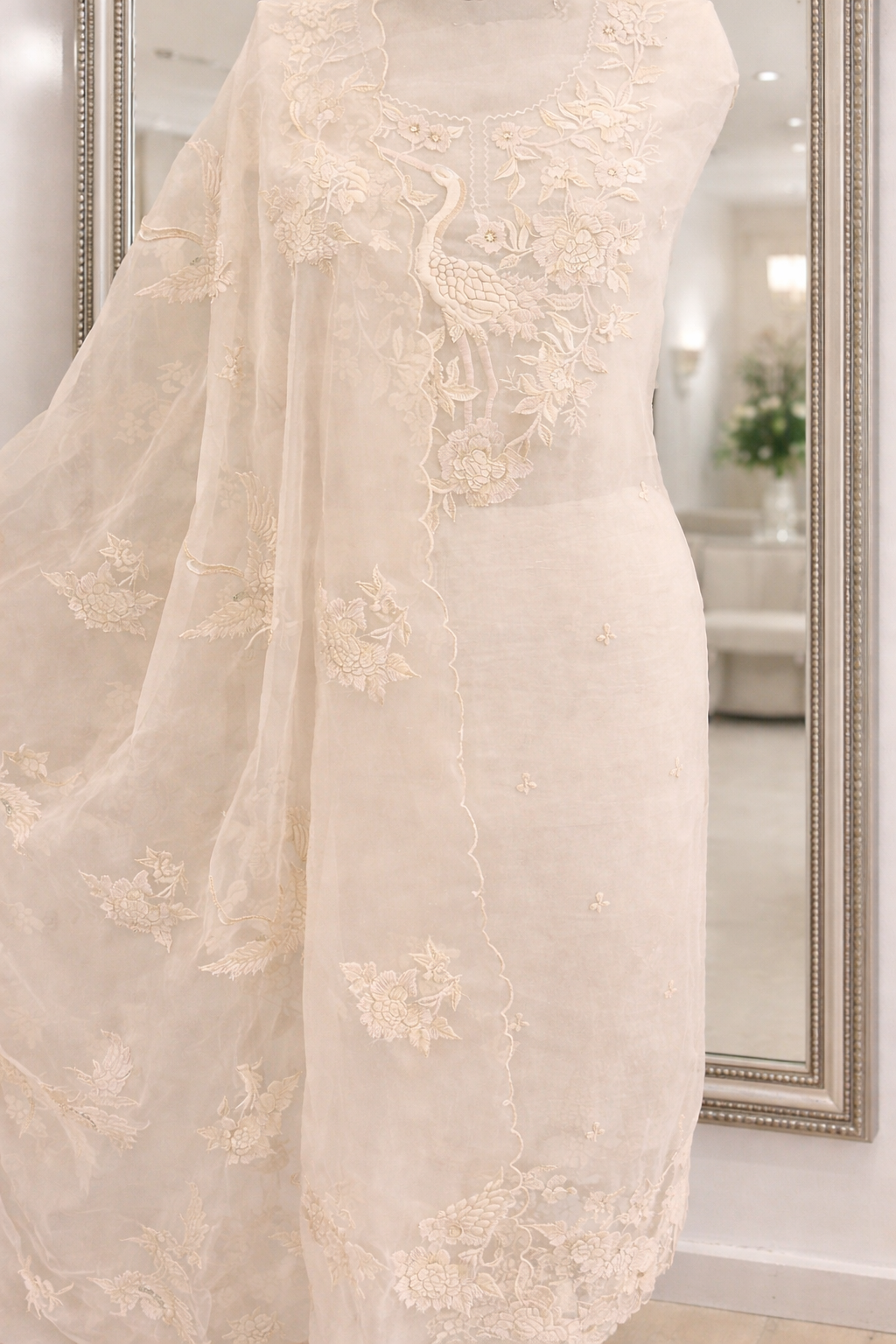 Atharva Heritage Sheer Luxury Pure Silk Organza Parsi Embroidered Monochrome Trousseau Collection unstitched Suit AH1318MB76