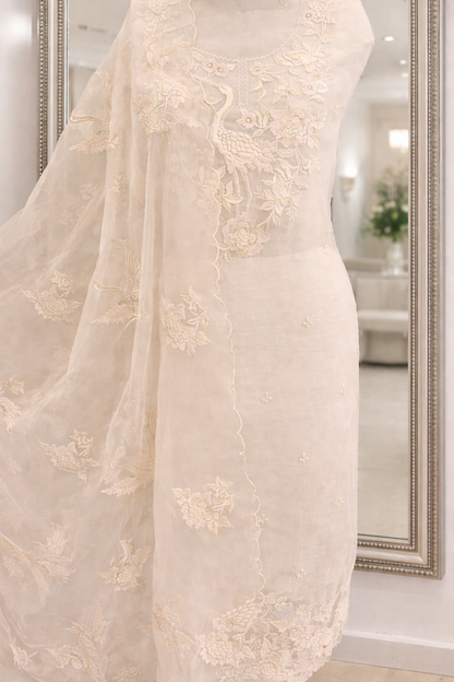 Atharva Heritage Sheer Luxury Pure Silk Organza Parsi Embroidered Monochrome Trousseau Collection unstitched Suit AH1318MB76