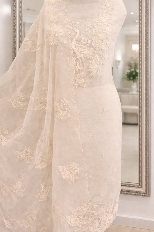 Atharva Heritage Sheer Luxury Pure Silk Organza Parsi Embroidered Monochrome Trousseau Collection unstitched Suit AH1318MB76